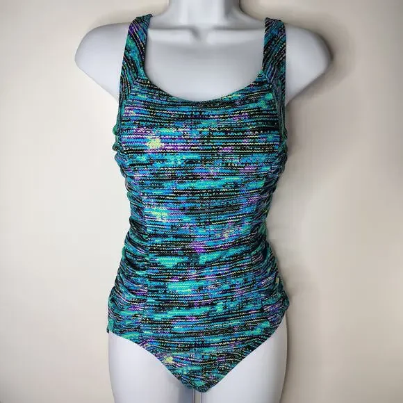 Speedo Swim Bathing Suit Women's 8 Blue Teal Purple Vacation Beach Lake Sporty - Picture 1 of 12